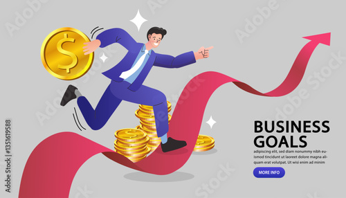 Businessman running on an arrow path towards success with gold coins, symbolizing business goals, financial growth, and strategic development.