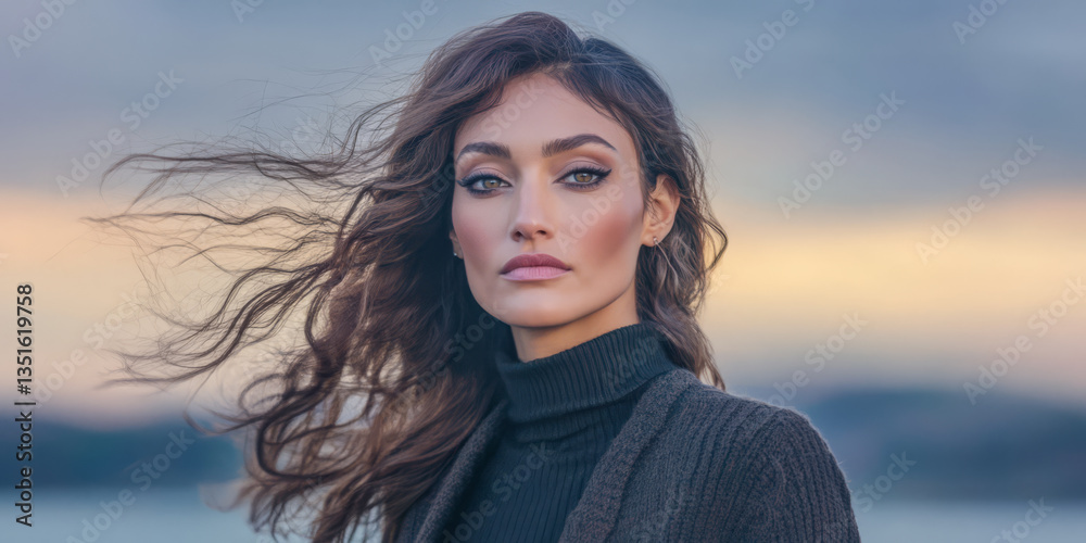 Fototapeta premium Woman posing outdoors with flowing hair against a scenic background at sunset