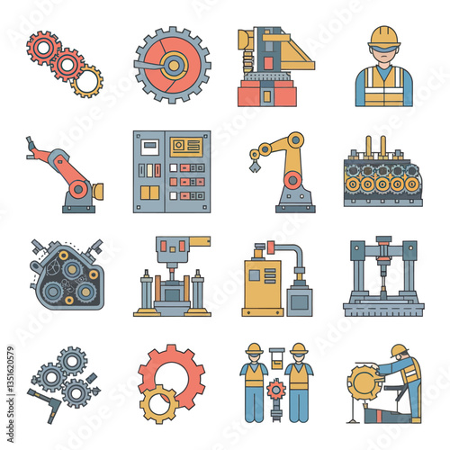 2d vector illustration colorful machine , worker and Industry and its development technology, factories and production lines icon
