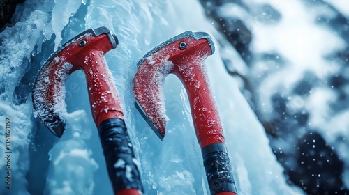 Two red ice picks are leaning against a wall