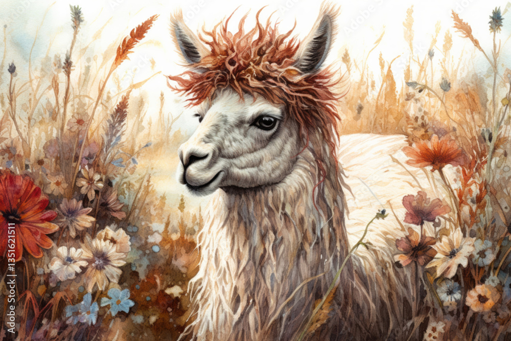 Fototapeta premium llama among the grass., watercolor style, Generative AI