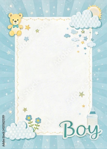 Festive hand illustrated greeting card designed for a boy featuring playful elements and cheerful colors. Baby shower boy card. Ideal for birthdays or new arrivals.