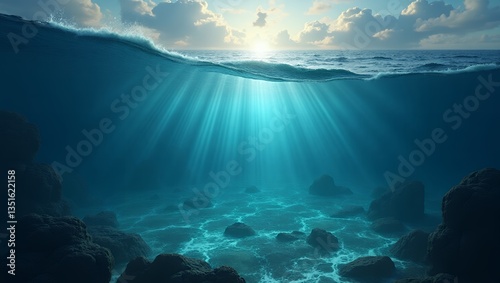 Sunlit ocean scene, half above, half below water, showing rocks and seabed