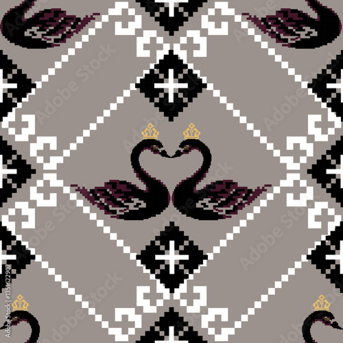 Black swan pixel. Floral pixel art pattern. Vector seamless pixel. Abstract ethnic pixel pattern flower. Cross stitch. Aztec fabric boho mandalas India.
Design for texture, fabric, cloth, decoration.