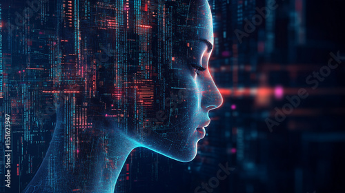 Female IT specialist learns to analyze code and data technology, cyber security, impact of artificial intelligence augmented reality, side profile, copy space. AI generation