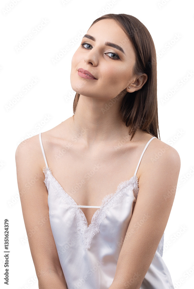 Beautiful smiling woman with clean skin, natural make-up and white teeth on a gray background Beautiful smiling woman with clean skin, natural make-up and white teeth on a gray background