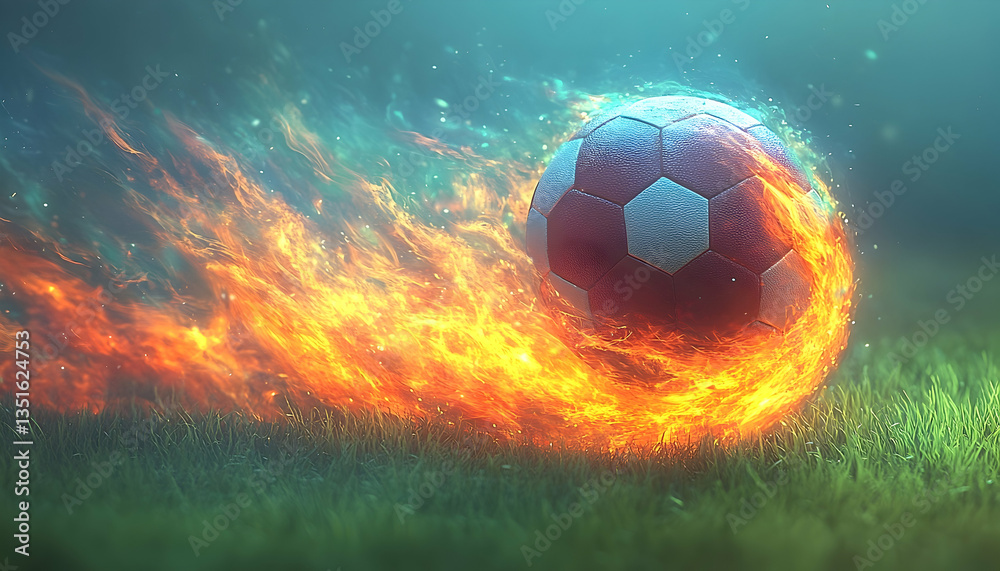 Fototapeta premium A dynamic soccer ball engulfed in flames, soaring over a lush green field during a dramatic match