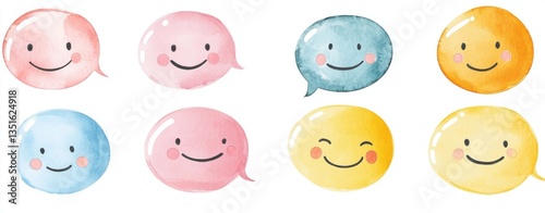 Hand-drawn speech bubbles with smiling faces, isolated on a white background. Vector illustration
