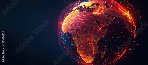 A glowing digital globe with the African continent illuminated in fiery red and orange hues, contrasting against a dark indigo background