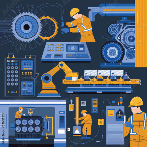 2d vector illustration colorful machine , worker and Industry and its development technology, factories and production lines icon

