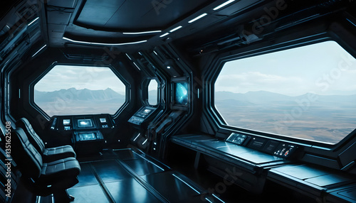 Futuristic Spaceship Cockpit Overlooking Alien Landscape. Bright spaceship interior with a view out a dark window