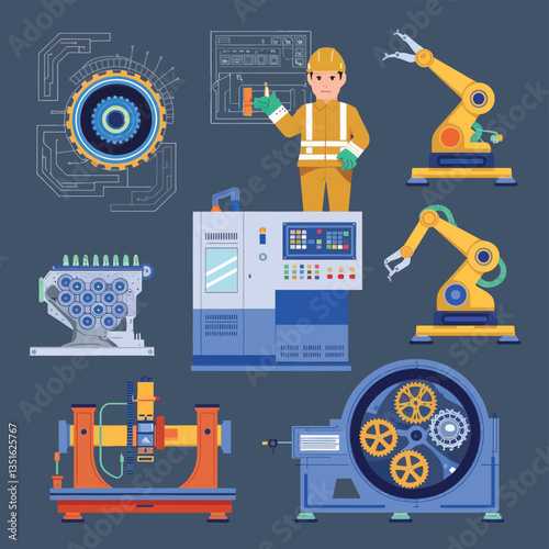 2d vector illustration colorful machine , worker and Industry and its development technology, factories and production lines icon
