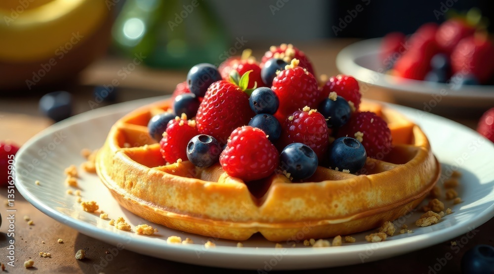 A golden-brown waffle topped with a medley of fresh, juicy raspberries, blueberries, and strawberries, garnished with crunchy granola, presented on a pristine white plate. A golden-brown waffle topped with a medley of fresh, juicy raspberries, blueberries, and strawberries, garnished with crunchy granola, presented on a pristine white plate.