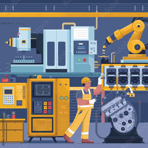 2d vector illustration colorful machine , worker and Industry and its development technology, factories and production lines icon
