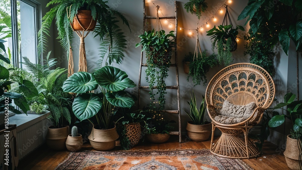 Obraz premium A lush indoor jungle with an eclectic bohemian vibe. A large monstera plant with dramatic, glossy leaves takes center stage
