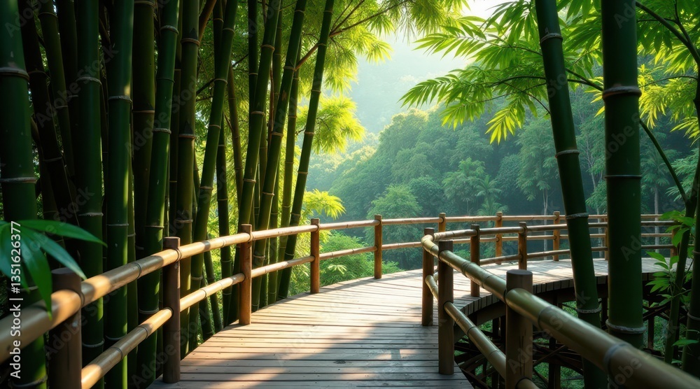 Obraz premium Serene Bamboo Forest Walkway A Picturesque Wooden Path Winding Through Lush Greenery, Offering a Tranquil Escape into Nature's Embrace