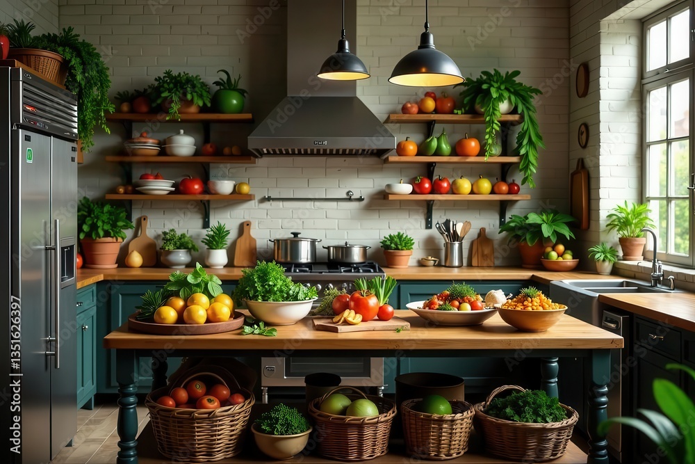 A well-equipped kitchen with an abundance of fresh produce, displayed on wooden shelves and a central island, exudes a feeling of home-cooked meals and a healthy lifestyle
