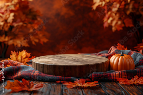 Fototapeta Naklejka Na Ścianę i Meble -  Autumnal display: a rustic wooden podium is adorned with vibrant fall foliage, a pumpkin, and a plaid blanket, creating a warm and inviting scene.