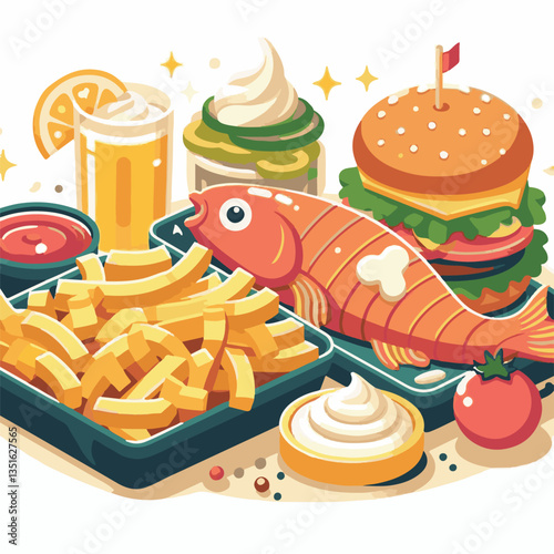 meal, fish, chips, food, dinner, lunch, fried, cuisine, crispy, english, british, fresh, dish, background, traditional, cod, fillet, seafood, unhealthy, delicious, takeaway, batter, lemon, tasty, rest