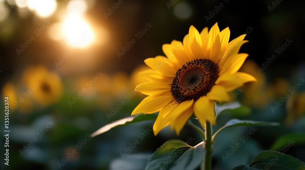 Fototapeta premium Golden sunflower in a field at sunset