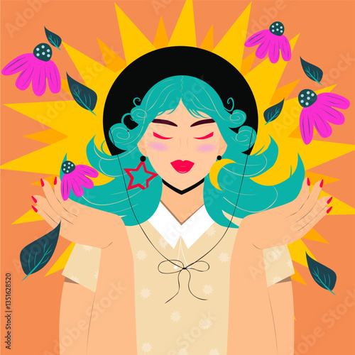 Girl sun. Beautiful girl with big scarlet lips and hat behind her rays of sun are visible. Sunny man, illustration cover, postcard invitation sticker.