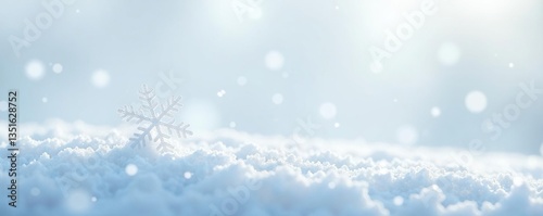 A single snowflake falls softly in the air against a vast white backdrop, peaceful, tranquil