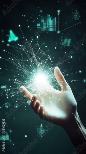A hand with glowing white and teal data connections, radiating light and power, symbolizing AI's role in business transformation