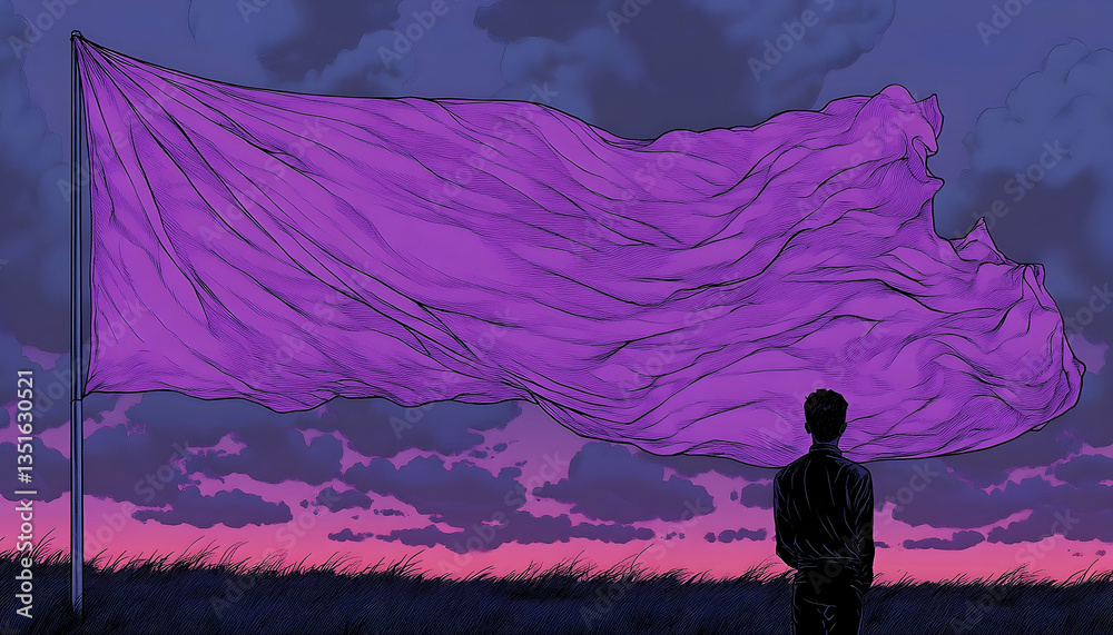 Fototapeta premium A person stands in a field at dusk, gazing at a large purple flag billowing in the wind against a vibrant sky