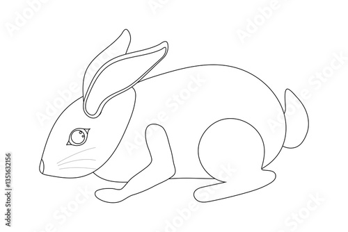 Black and white outline of a rabbit in a crouching position. Adorable white Easter Bunny. Perfect for Easter crafts and coloring page activities.