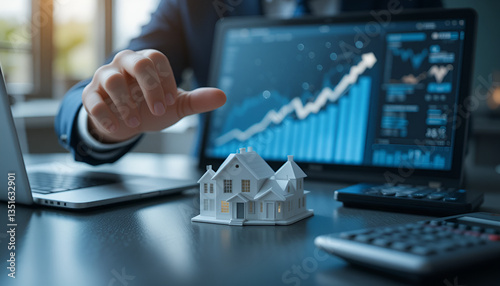 A hand gently guiding a house model towards a soaring graph, symbolizing successful real estate investment and growth, with a sleek dark desk setting.