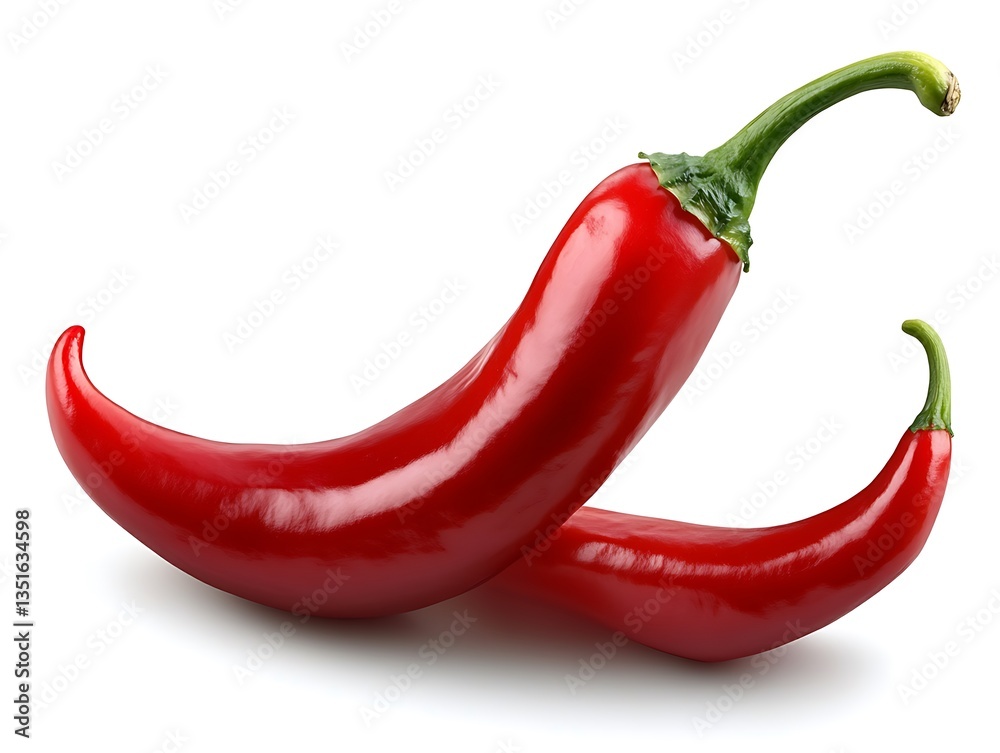 Two vibrant red chili peppers displayed on a white backdrop Two vibrant red chili peppers displayed on a white backdrop