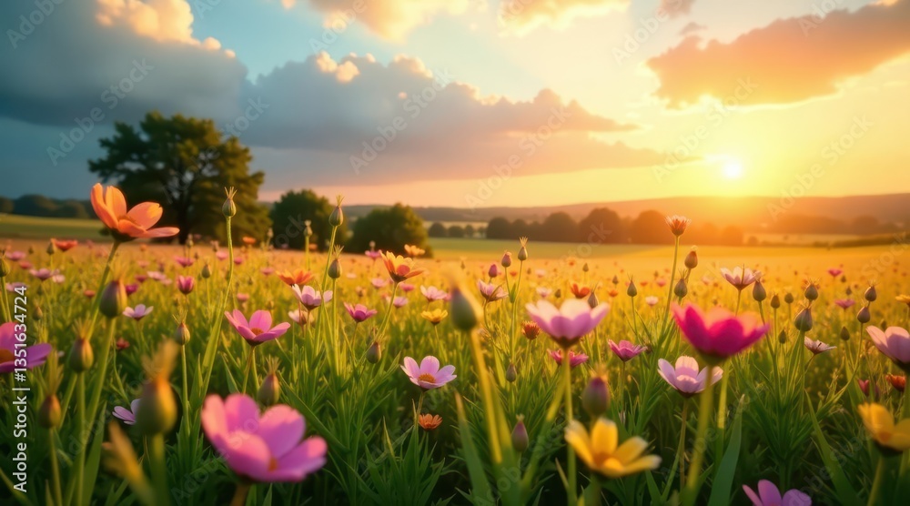 Obraz premium Serene Sunset Over a Vibrant Wildflower Meadow, Painted in Hues of Pink, Orange, and Yellow