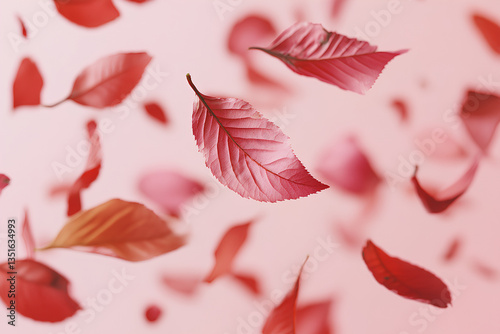 Delicate autumn leaves floating against a soft pink background, creating a minimal and serene nature-inspired concept photo