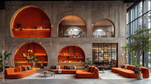 Spacious lobby with concrete walls, arched alcoves, orange seating, and abundant natural light