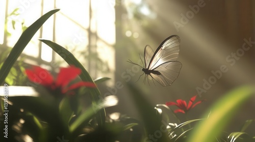 Butterfly Flying Amidst Vibrant Red Flowers in a Sunlit Garden with Soft Light Rays