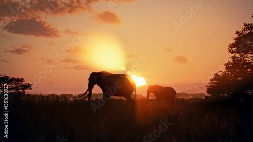 A pair of elephants, one big and one small, cross the savannah against the backdrop of a majestic African sunset. The animals cross the golden disk of the sun, capturing an amazing moment of wild life