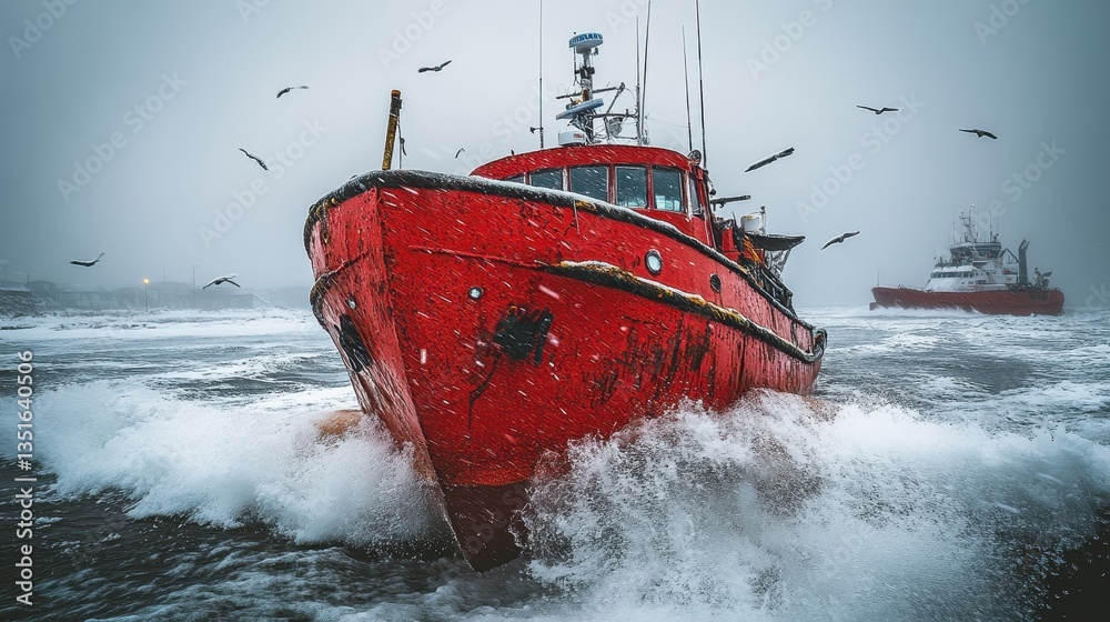 Naklejka premium A bright red fishing boat sailing through rough stormy waters