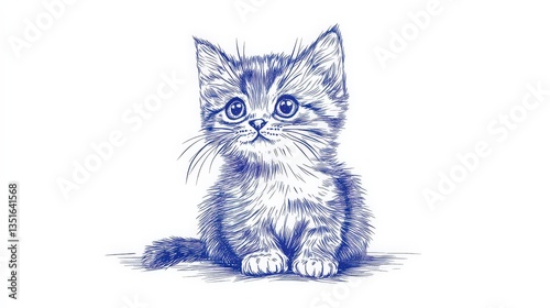 Cute Small Cat Hand Drawn Illustration in Blue Ink With a Vintage Boho Touch on a White Background for Easy Cutting