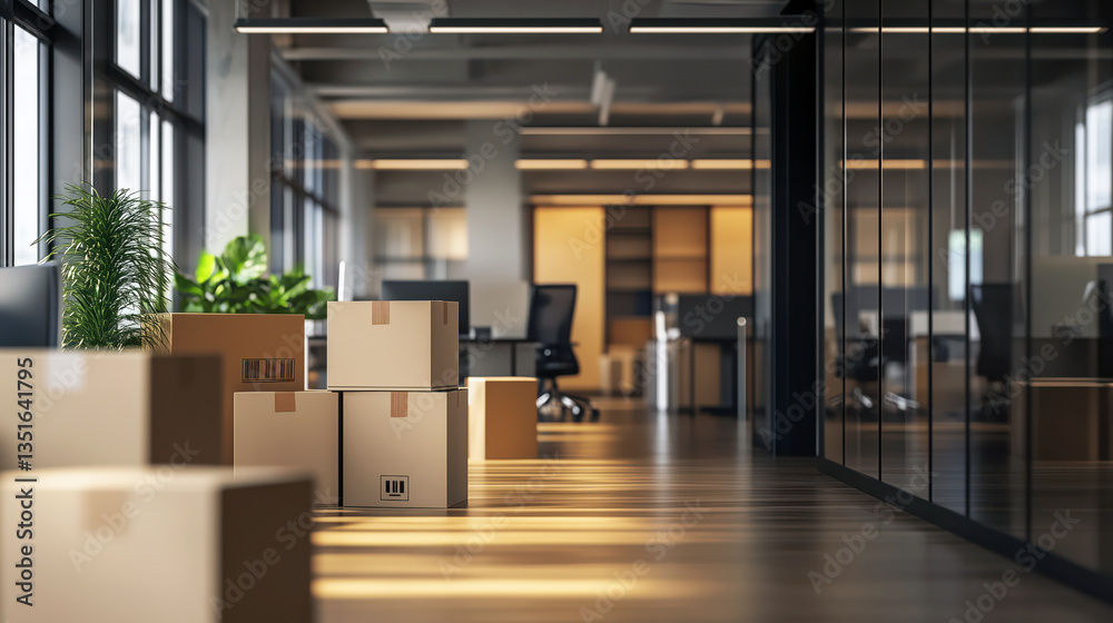 Modern office space with office furniture and cardboard boxes. Moving and delivery services.