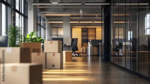 Obraz na płótnie Modern office space with office furniture and cardboard boxes. Moving and delivery services. w salonie