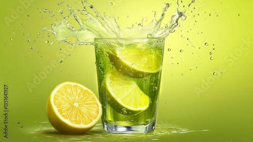 Fresh cooling lemonade cocktail with crushed ice and lemon. Isolated on the green background. Space for text. AI generation