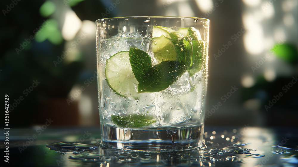 Refreshing mint mojito cocktail with rum and lime slices, cold green drink. Alcoholic coctail. AI generation Refreshing mint mojito cocktail with rum and lime slices, cold green drink. Alcoholic coctail. AI generation
