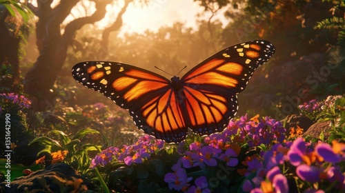 Closeup of Beautiful Monarch Butterfly Fluttering Over Colorful Flowers in Sunlit Garden