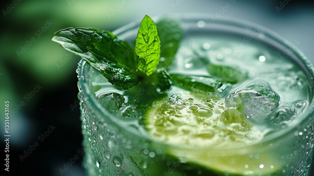 Refreshing mint mojito cocktail with rum and lime slices, cold green drink. Alcoholic coctail. AI generation Refreshing mint mojito cocktail with rum and lime slices, cold green drink. Alcoholic coctail. AI generation