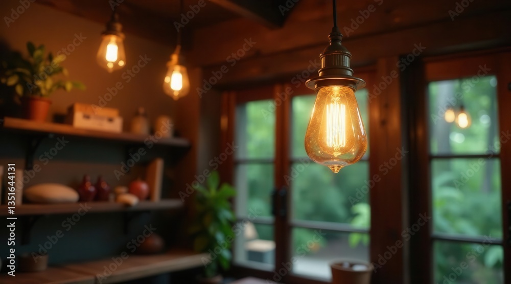 Obraz premium Warm incandescent lighting illuminates a rustic interior space with wooden shelves and greenery