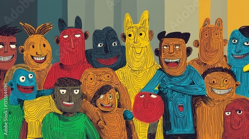 Diverse Group of Abstract Cartoon Characters Celebrating Friendship and Teamwork in a Colorful and Vibrant Setting