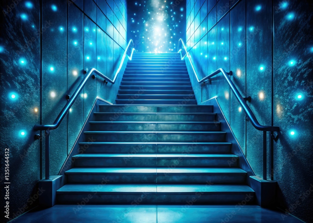 Fototapeta premium Blue light paints a bokeh staircase, descending into a shadowy, enigmatic night.