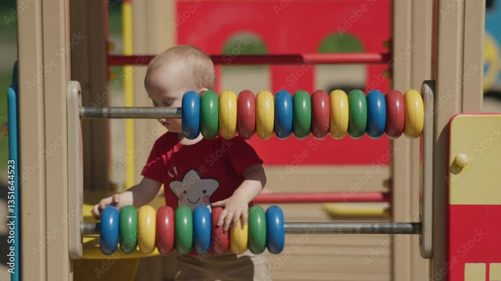 little toddler child on playground sunny daytime weather. male kid boy in red t-shirt play huge colorful abacus toy outdoors. outdoor activities little children preschooler age. lifestyle parenting