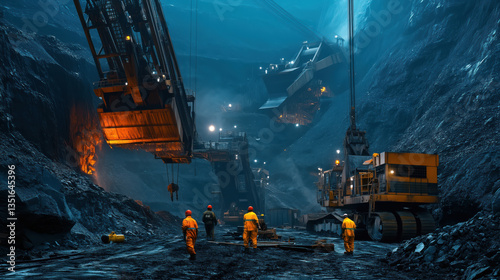 Obraz na płótnie Coal mining with an open pit and shovels using equipment and workers in protective clothing and helmets w salonie