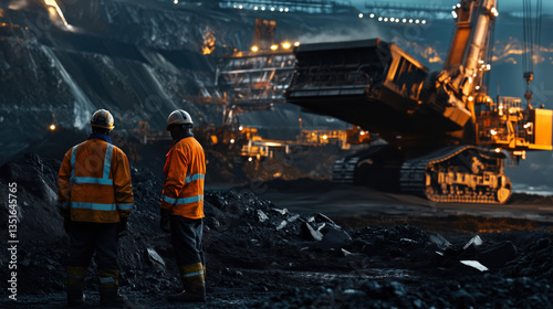 Obraz na płótnie Coal mining with an open pit and shovels using equipment and workers in protective clothing and helmets w salonie